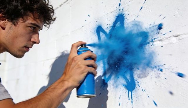 Street artist spraying vivid blue paint burst and splatter on white brick wall