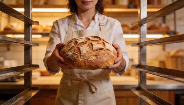 Baker Presenting Rustic Artisan Sourdough Loaf in Warm Bakery Interior with Shelves