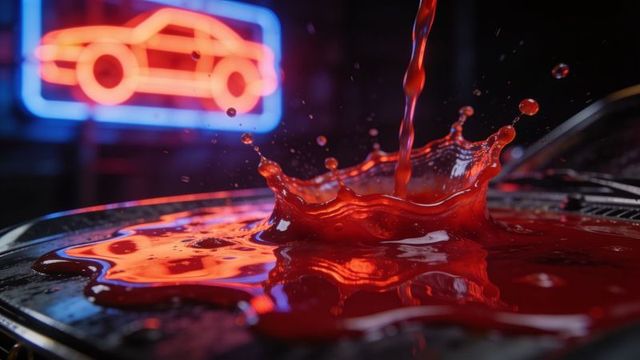 Pouring glossy crimson paint forming crown splash on metal tray with neon car sign