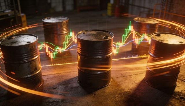 Glowing Oil Barrels with Holographic Candlestick Chart Visualizing Crude Price Volatility