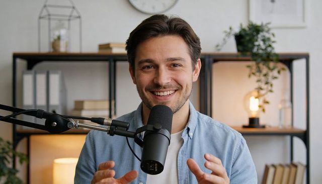 Smiling podcaster speaking and gesturing into mounted microphone in modern home studio