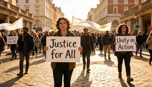 Young activists holding justice for all signs marching together on historic urban street