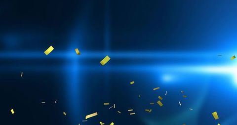 Festive horizontal blue light beam cutting across navy backdrop scattering gold confetti