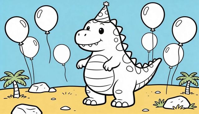 Playful dinosaur wearing party hat celebrating on tropical sand beach with balloons