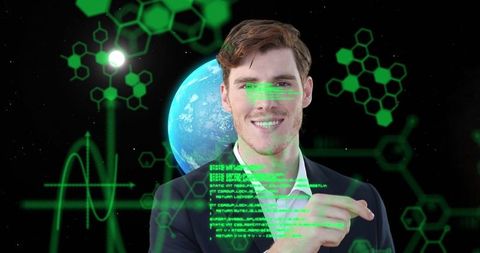 Businessman Analyzing Data Interfaces with Earth Background