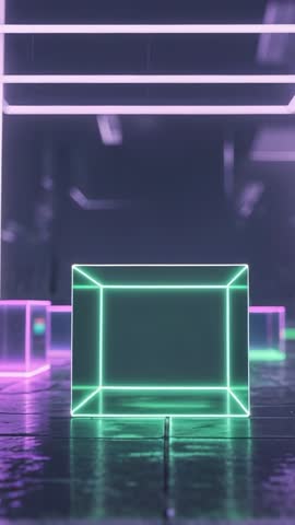 Looping aqua neon cube glowing on reflective floor in futuristic corridor with pink cubes