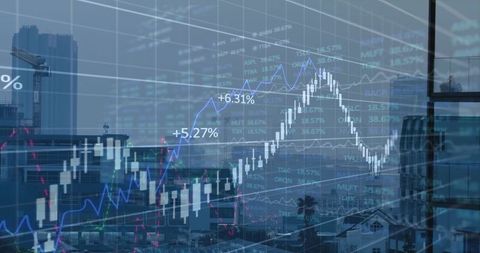 Candlestick Market Growth Over City Skyline Showing +5.27% and +6.31% Trends