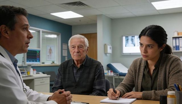 Doctor explaining diagnosis and treatment options to concerned daughter and elderly patient