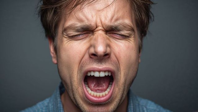 Close-up portrait of adult male screaming, expressing intense anger and pain, emotional headshot