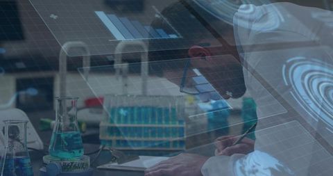 Scientist Analyzing Data in Futuristic Laboratory with Holograph display