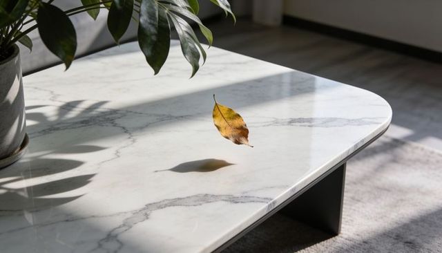 Floating dried leaf casting crisp shadow on white marble table in sunlit minimalist interior