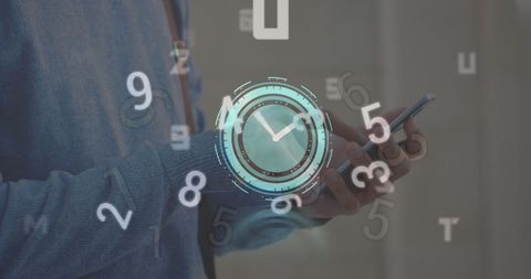 Conceptual overlay of clock and numbers on man using smartphone