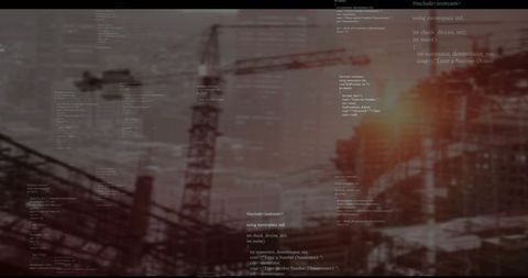 Construction Code Fusion: Tower Cranes Urban Skyline Programming Code Overlay at Sunset