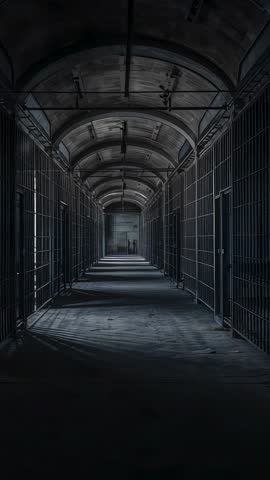 Shifting light casting shadow bands down vaulted prison corridor in vertical format