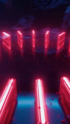 Pulling Back on Pulsing Magenta Neon Tubes and Arc Pillars in Synthwave Cavern Vertical Video