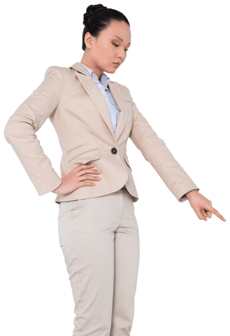Focused Asian Businesswoman Pointing with Determination on Transparent Background