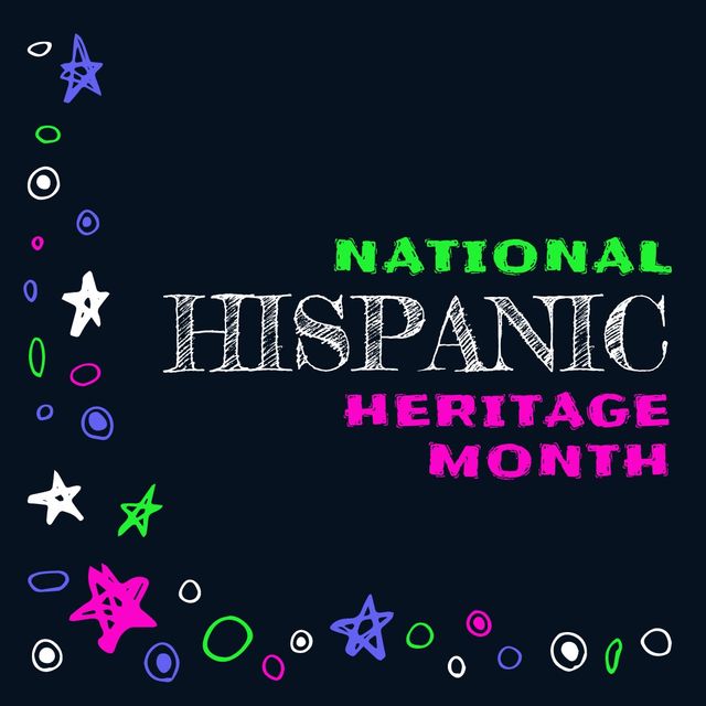Illustration of national hispanic heritage month text with colorful doodles on black background. Vector, copy space, hispanic americans, recognition, achievement, contribution and celebration.