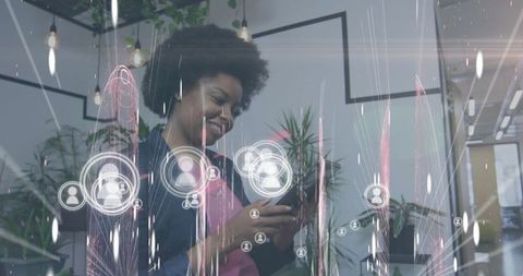 Smiling Woman Using Tablet with Social Media Icons and Connectivity Concept