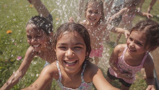 Joyful Children Playing in Sprinkler on Summer Lawn