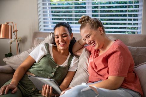 Diverse Women Relaxing on Sofa with Tablet in Cozy Living Room
