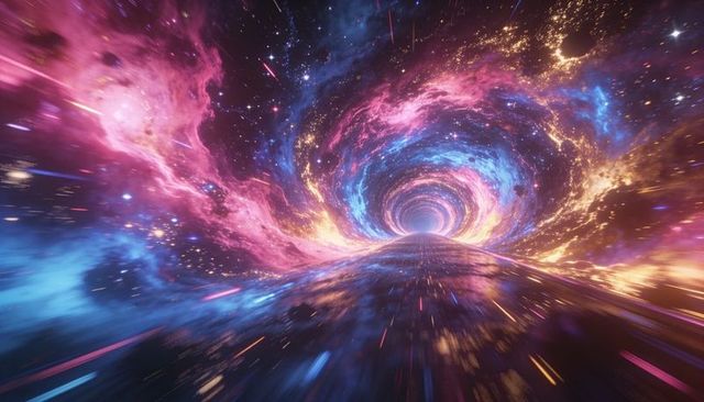 Traveling through neon wormhole: colorful cosmic vortex tunnel pulling nebula light trails