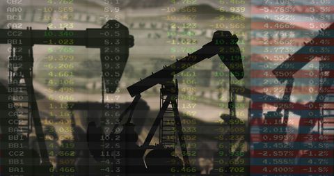 Oil industry concept with pump jacks and financial data overlay