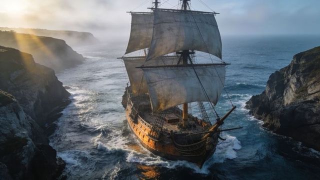 Three-masted wooden galleon navigating narrow rocky channel with billowing sails