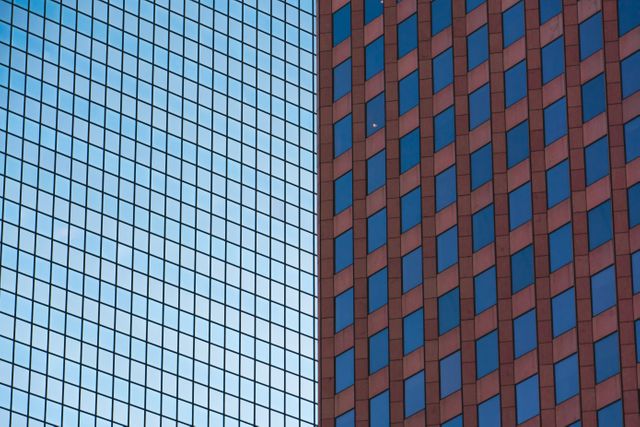 Abstract close-up of skyscraper windows forming a geometric pattern. The blue and red hues of the buildings contrast, giving a modern and urban feel. Ideal for use in business presentations, architectural designs, and cityscape-themed websites.