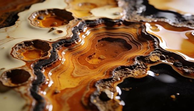 Polished banded agate macro with amber concentric layers and reflective mineral pools