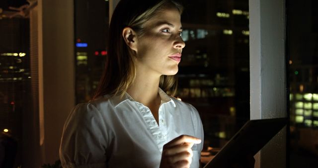 Businesswoman Using Tablet Late at Night in Office With City View - Download Free Stock Images Pikwizard.com