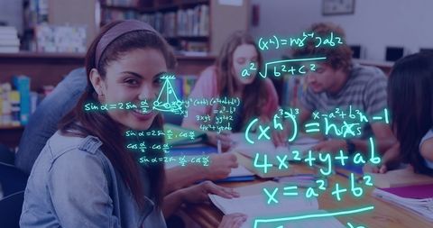 Diverse Students Engaged in Math Equations with Digital Overlay