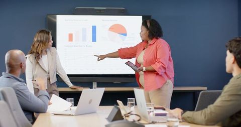Diverse Team Collaborating During Data Presentation in Modern Conference Room
