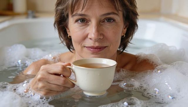 Middle-aged woman reclining in bubble bath holding teacup, relaxing self-care moment