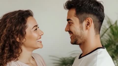 Couple Smiling Warmly Facing Each Other in Relaxed Setting