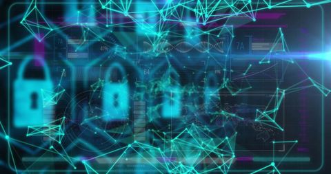 Advanced cybersecurity concept with digital locks and data network cons