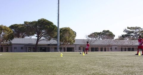 Soccer Field on Sunny Day Featuring Training with Green Landscape
