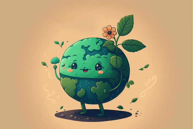 This charming cartoon illustration features an adorable and happy Earth character holding a green plant and a blooming flower. Perfect for educational materials on environmental awareness, sustainability campaigns, and children's books. It can be used to promote green living and ecology in a fun and engaging way.