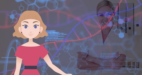 Cartoon scientist standing with dna helix overlay and real lab researcher background