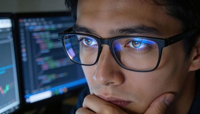 Focused programmer wearing glasses reflecting code on dual monitors late-night coding