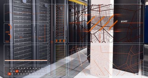 Futuristic interface overlay on data server room technology