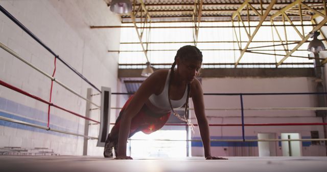 Young female athlete performing push-ups inside a well-lit boxing gym, emphasizing physical fitness and dedication. Suitable for use in sports and fitness marketing, workout programs, personal training promotions, and healthy lifestyle campaigns.