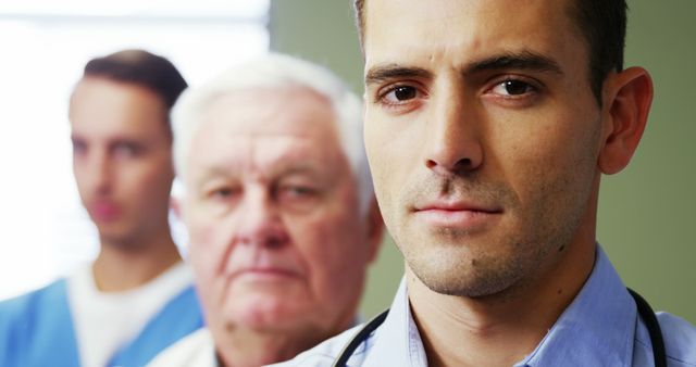 Healthcare professionals in serious expressions, standing in a line, highlighting commitment to patient care. Useful for depicting teamwork and professionalism in medical settings, suitable for hospital or clinic promotional materials, health-related articles, and patient resources.