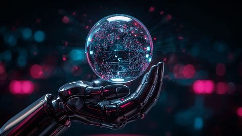 Futuristic Robotic Hand Holding Holographic Globe in Neon Lights