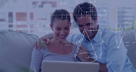 Couple studying on laptop with math and geometry overlay for online learning and stem