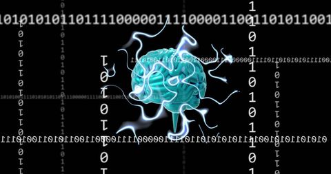 Futuristic digital brain surrounded by binary code illuminating ai concept