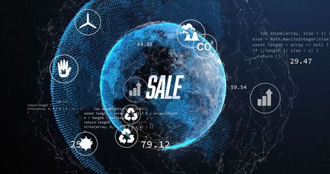 Digital globe with eco icons and data elements