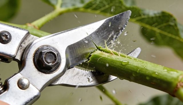 Pruning shears slicing fresh green stem with sap droplets, macro garden plant care