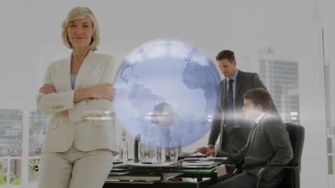 Senior Businesswoman with Holographic Globe in Modern Office