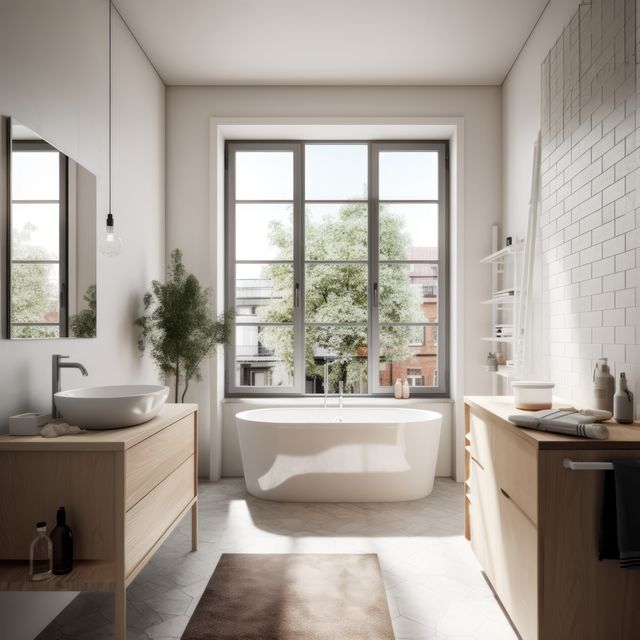 Sunny modern bathroom with french windows and view to street, created using generative ai technology. Contemporary bathroom interior design and natural light concept digitally generated image.
