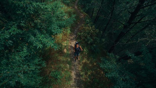Male Hiker Walking Dense Forest Trail with Ultrarunner Gear